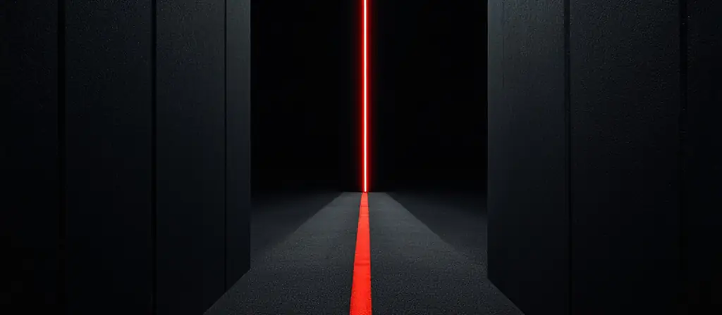 A dark corridor of matte black panels with one narrow light seam running into the distance.