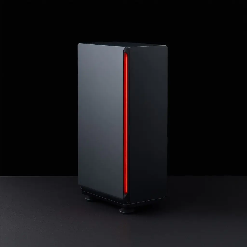 A compact graphite computer enclosure in a dark room, lit by a single thin light line along one edge.