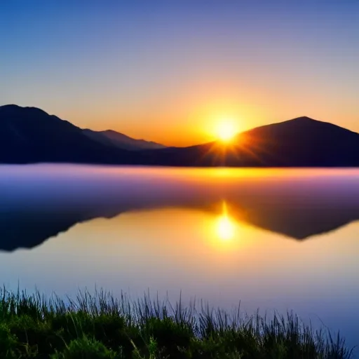 A serene mountain lake at sunrise with mist and reflection, rendered by veizik on a Raspberry Pi 5 with Stable Diffusion 1.5 and a few-step LCM-LoRA.