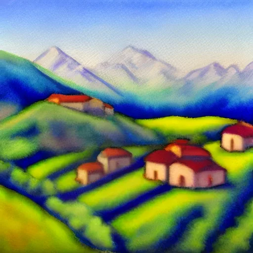 A watercolor-style Alpine mountain village, rendered by veizik on a Raspberry Pi 5 with Stable Diffusion 1.5 and a few-step LCM-LoRA.