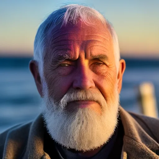 A cinematic portrait of an elderly fisherman at golden hour, rendered by veizik on a Raspberry Pi 5 with Stable Diffusion 1.5 and a few-step LCM-LoRA.