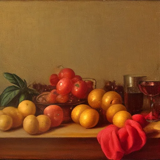 A still life of fruit and wine in Dutch-master lighting, rendered by veizik on a Raspberry Pi 5 with Stable Diffusion 1.5 and a few-step LCM-LoRA.