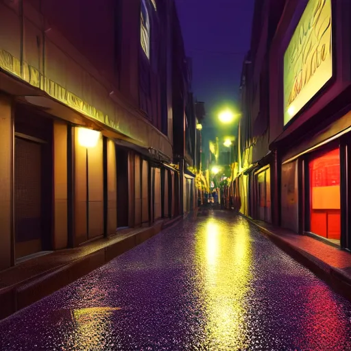 A cozy Tokyo alley at night with neon reflections on wet pavement, rendered by veizik on a Raspberry Pi 5 with Stable Diffusion 1.5 and a few-step LCM-LoRA.