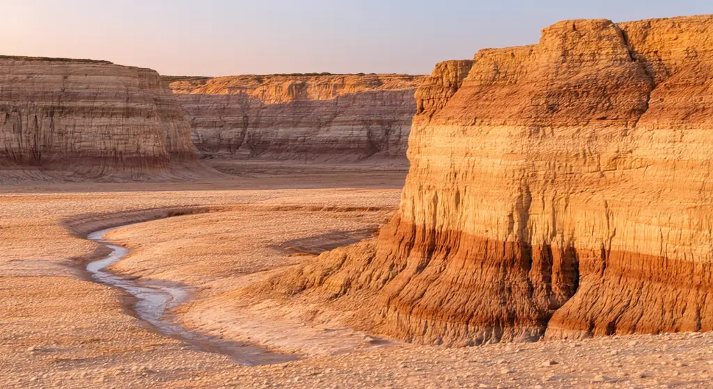 A desert canyon at golden hour, cross-bedded sandstone walls above a dry wash of pale cobbles.