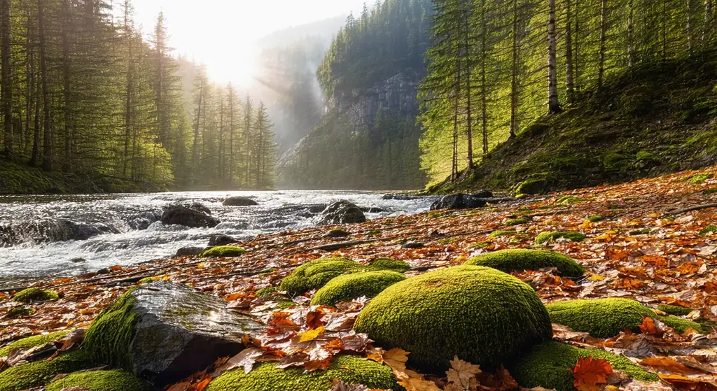 An autumn gorge in low sun, moss-covered boulders and fallen leaves along a braided green river.