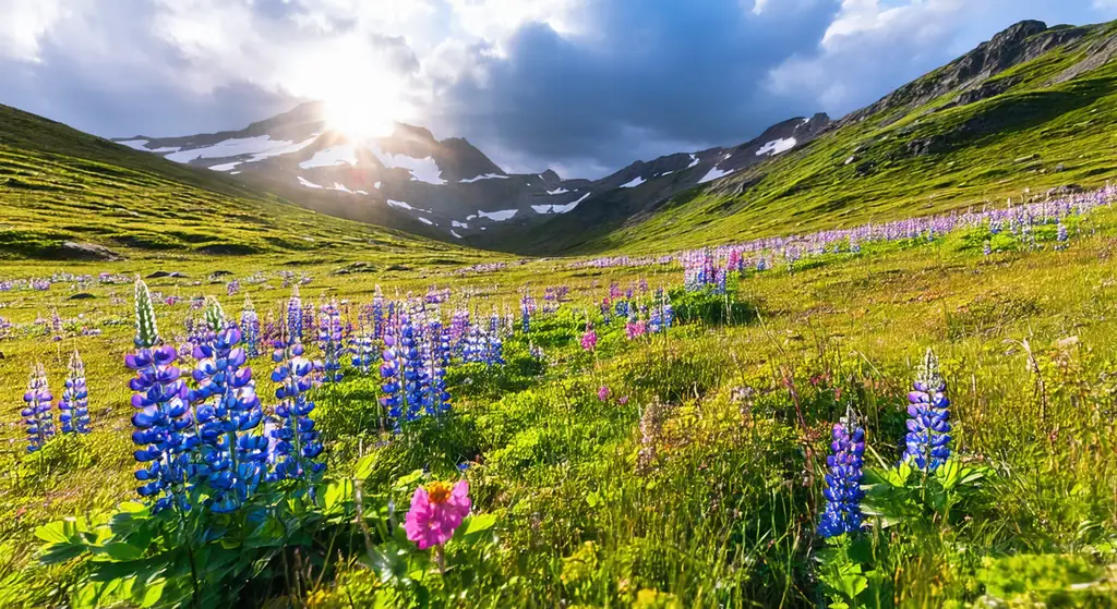 An alpine meadow of lupine and paintbrush under torn cloud, a stream threading toward a snow-streaked ridge.